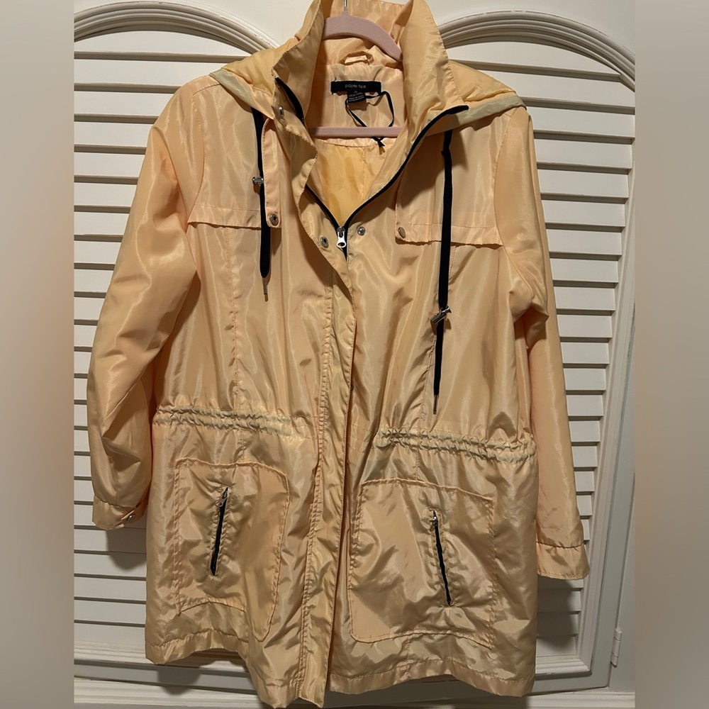Paper Tee women's plus s1X (16W/18W). Hooded yellow windbreaker jacket
